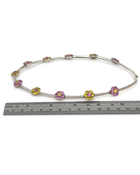 Pink and Yellow Sapphire Flower and Pave Diamond Flower Station Necklace